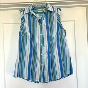 White Stag White, Blue, Green Striped Button Down Sleeveless Collared Shirt Sz S
